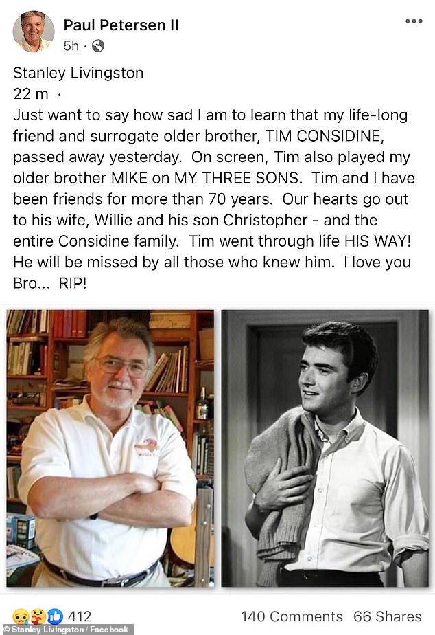 y A Three Sons színésztársa, Stanley Livingston megható tisztelgést osztott meg Considine előtt a közösségi médiában, egy nappal halála után.