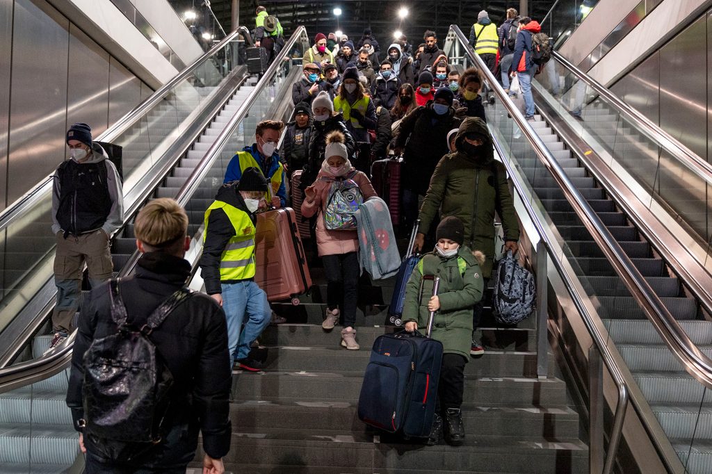 People fleeing Ukraine arrive at Hauptbahnhof main railway station on March 5, in Berlin, Germany.