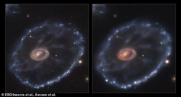 A csillagászok megörökítették azt a pillanatot, amikor a Földtől 500 millió fényévre lévő csillag drámai szupernóvában felrobbant, ami élete végét jelzi.  A bal oldali kép a robbanás előtti 2014-es, a jobb oldali pedig 2021-es, jobb alsó sarokban a robbanás
