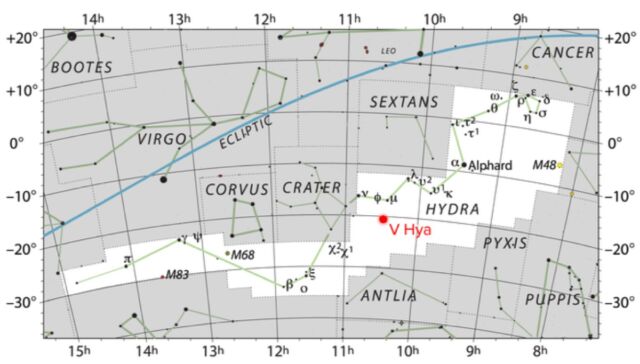 A V Hydrae egy szénben gazdag csillag, amely 1300 fényévnyire található a Hidra csillagképben.