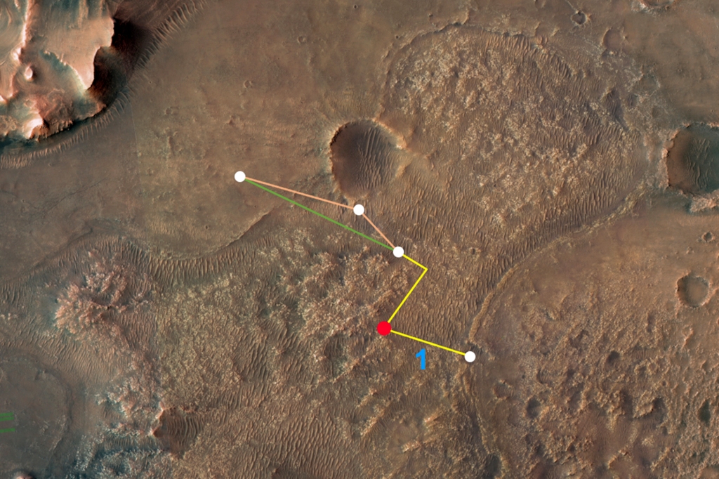 A NASA Mars Exploration Orbiter (MRO) művének ez a megjegyzésekkel ellátott felső képe azt a több repülést – és két különböző útvonalat – ábrázol, amelyek során az ügynökség innovatív Mars-helikopterje eljuthat a Jezero-kráter-deltához.