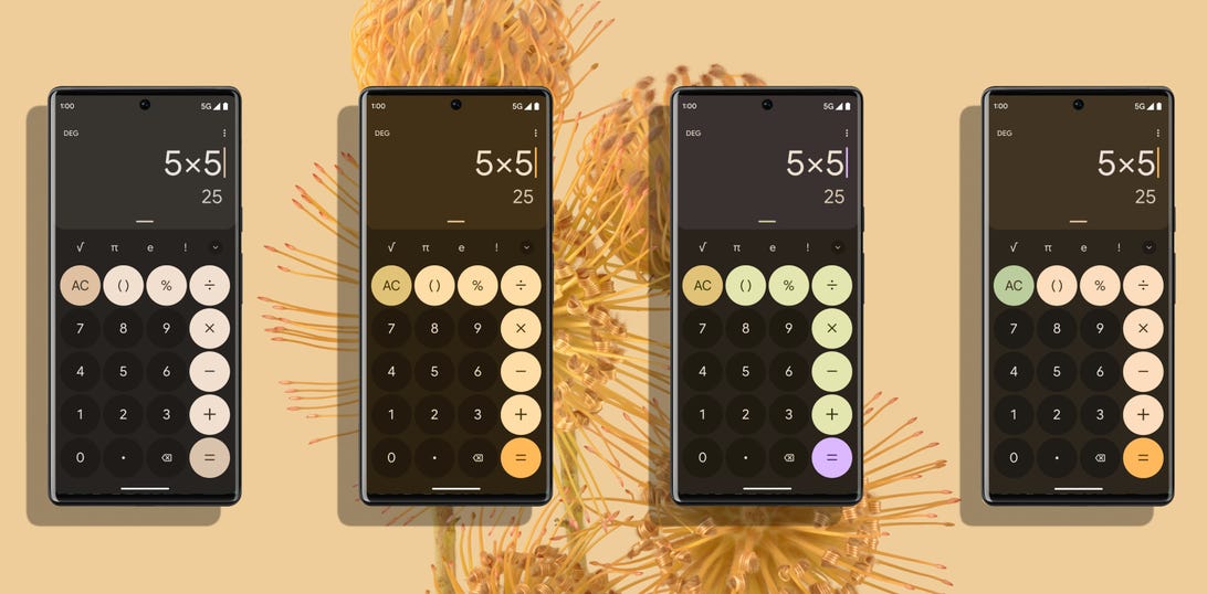 Négy Android telefon egy-egy számológépet jelenít meg, mindegyik más színnel