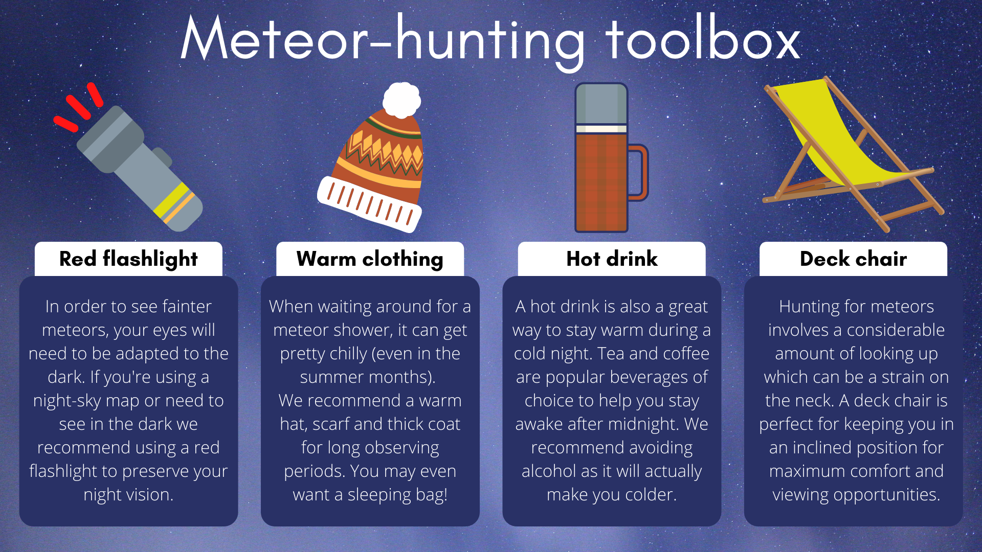 A tökéletes meteorvadászat élményéhez referencia zseblámpára, meleg ruhára, forró italra és egy szép nyugágyra lesz szüksége.