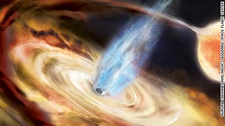 Ezen az ábrán egy fekete lyuk egy közeli csillagból származó anyagot húz egy akkréciós korongba.