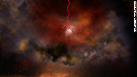 A művész illusztrációja egy neutroncsillagot ábrázol, ultraerős mágneses mezővel, úgynevezett magnetárral, amely rádióhullámokat bocsát ki (piros színnel). 