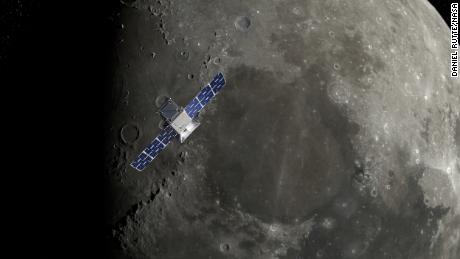 Ezen az ábrán a CAPSTONE a Hold északi pólusa felett látható.