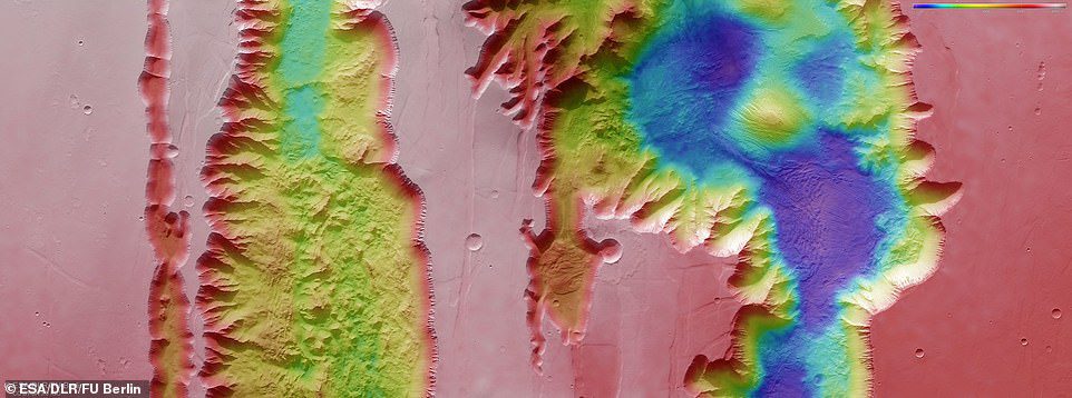 A fenti képen: egy színkódolt topográfiai kép, amely a Mars Valles Marineris Canyon szerkezetének részét képező Ius-t és Tithonium Chasmatát mutatja, az ESA Mars Express által gyűjtött adatokból.