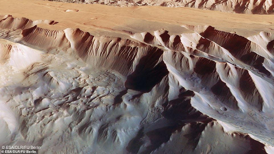 A Mars Valles Marineris völgyszerkezetének részét képező Tithonium Chasma (fenti képen) ferde perspektivikus képe az Európai Űrügynökség Mars Expressjén található nagyfelbontású sztereó kamera digitális terepmodelljéből, analóg és színcsatornáiból készült. .