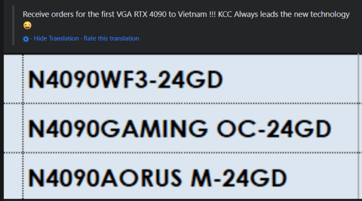 A Gigabyte GeForce RTX 4090 egyedi modelljeit a vietnami kiskereskedő sorolja fel.  (Képek forrása: I_Leak_VN)