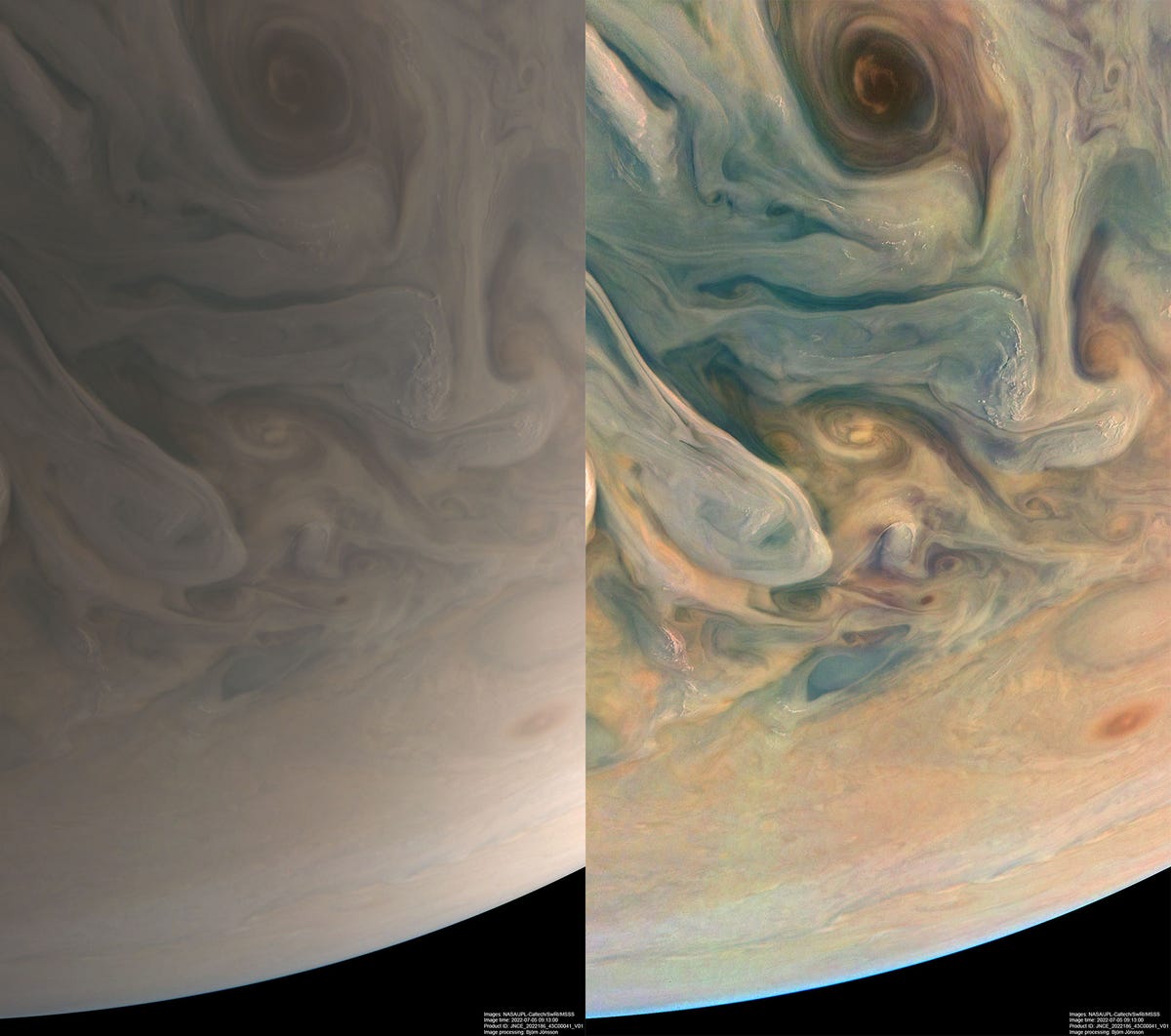 A bal oldalon a Jupiter lágy bézs változata látható.  A jobb oldalon ugyanaz a kép látható, kivéve a kék, narancssárga és sárga árnyalatokat.