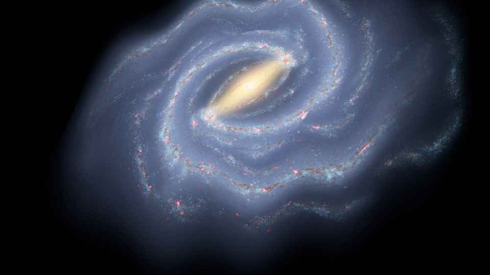 An illustration showing large ripples bending the spiral arms of the Milky Way