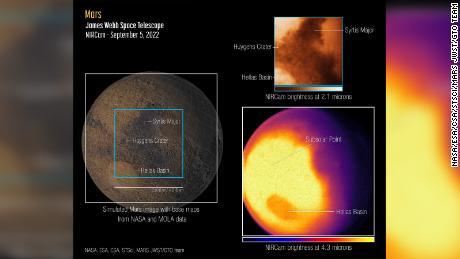 Webb első Mars-képein két hullámhosszú infravörös fényben látható a bolygó keleti féltekéje.