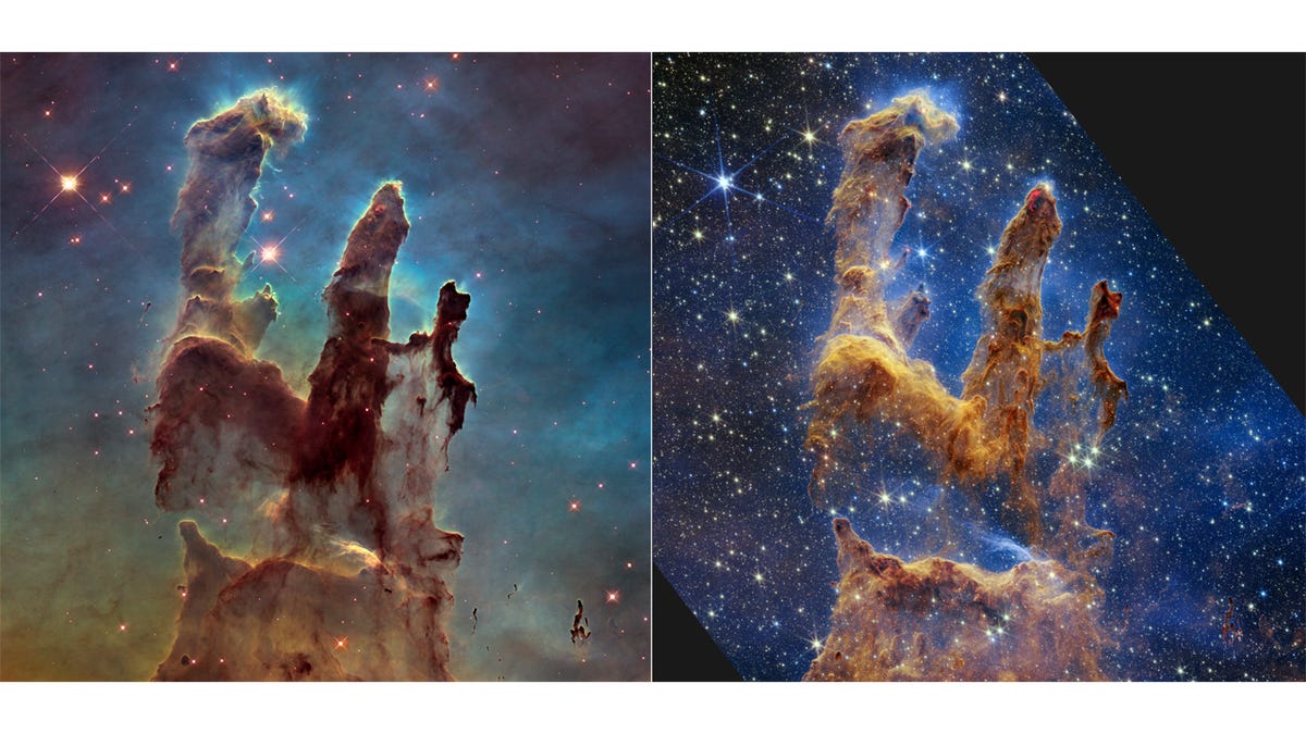 A teremtés oszlopai a Hubble-teleszkóp (balra) és a Webb-teleszkóp (jobbra) szerint