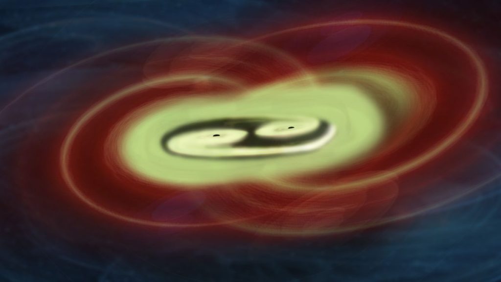 An illustration of two black holes merging.