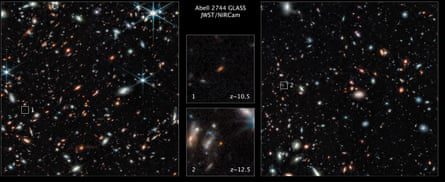 Két csillagmező pozicionáló dobozokkal, amelyek a galaxisokat mutatják, középen maguk a galaxisok húzható, nagyított képeivel