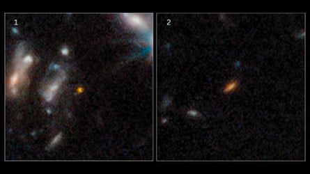 Egymás melletti képek távoli galaxisokról, amelyek vörösen elmosódó ellipszisként jelennek meg az űr feketeségében