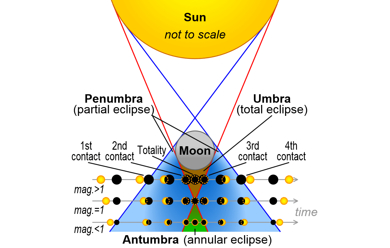 Diagram, amely a három különböző típusú napfogyatkozást és azok előfordulását mutatja be.