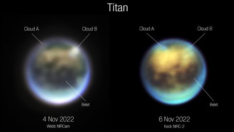 A csillagászok összehasonlították Webb (balra) és Keck Titánról készült képeit, hogy lássák, hogyan fejlődtek ki a felhők.  Úgy tűnik, hogy az A felhő forog, míg a B felhő eloszlik.